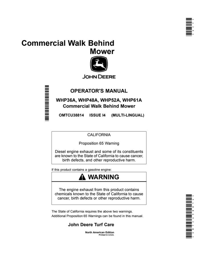John Deere WHP36A, WHP48A, WHP52A, WHP61A Walk-behind mower Operator Manual OMTCU38814 — actual manual cover