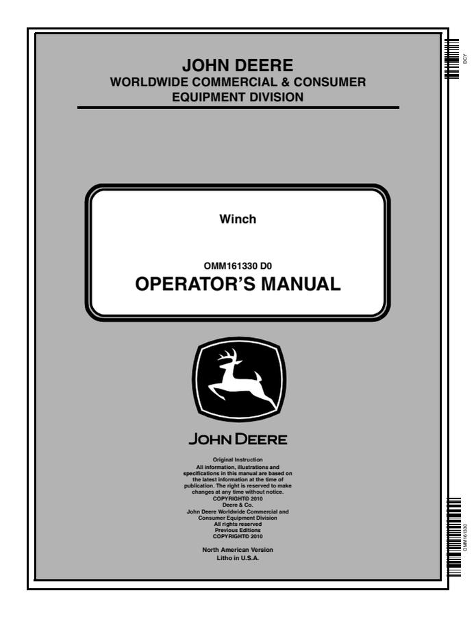John Deere Winch Operator's Manual OMM161330 — actual manual cover