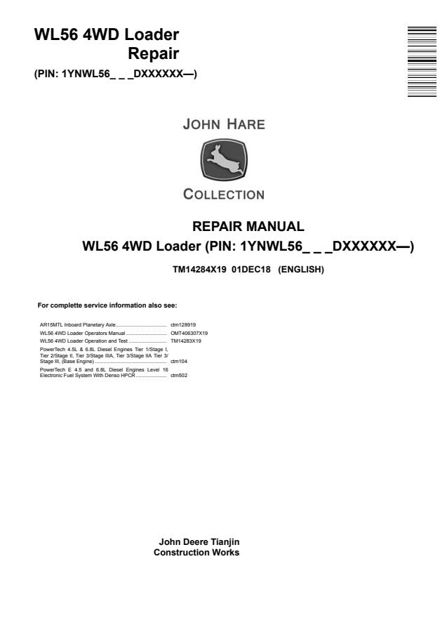 John Deere WL56 4WD Loader Repair Manual TM14284X19 — actual manual cover