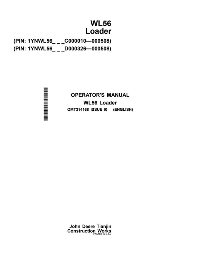 John Deere WL56 Loader Operator Manual OMT314168 — actual manual cover
