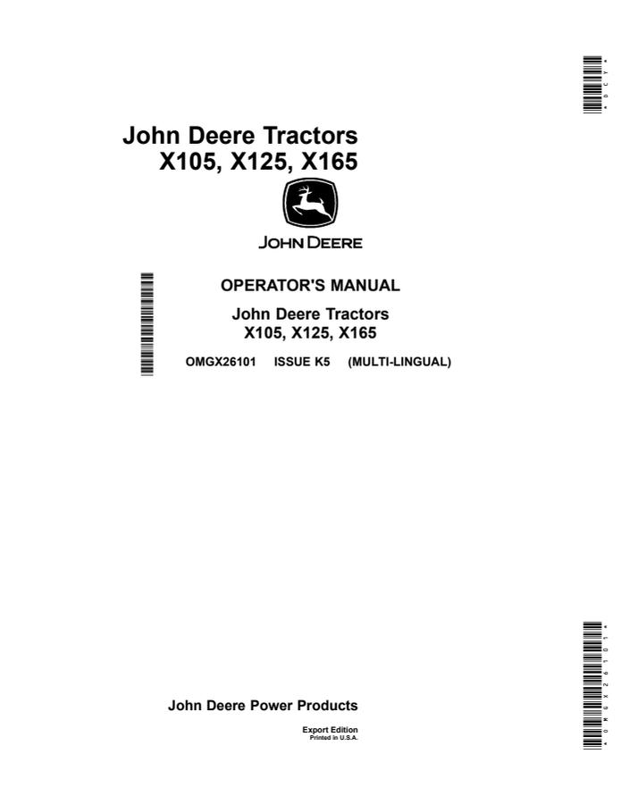 John Deere X105, X125, X165 Lawn tractor Operator Manual OMGX26101 — actual manual cover