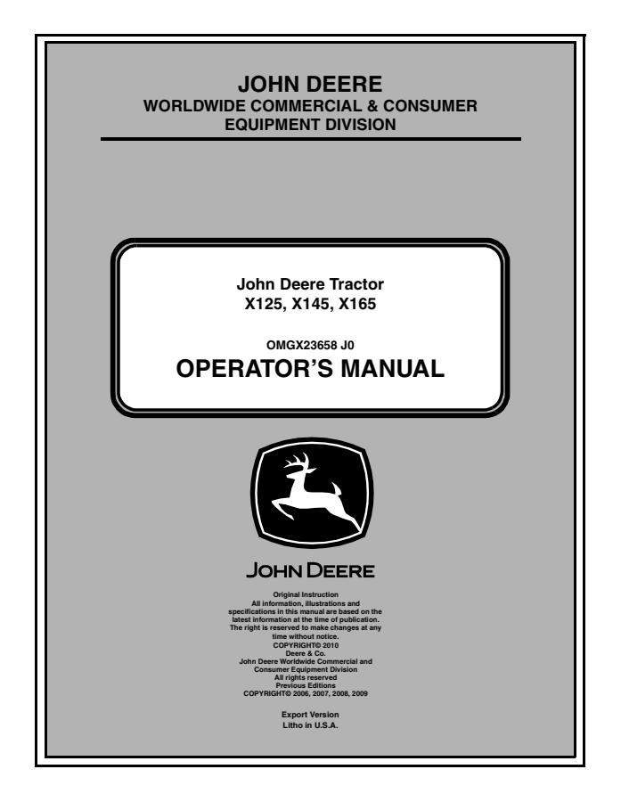 John Deere X125, X145, X165 Lawn tractor Operator Manual OMGX23658 — actual manual cover