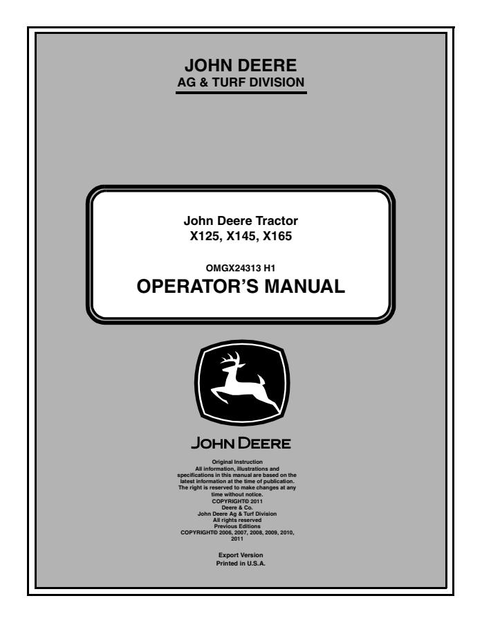 John Deere X125, X145, X165 Lawn tractor Operator Manual OMGX24313 — actual manual cover