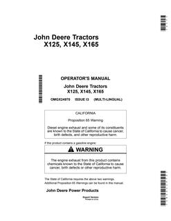 John Deere X125, X145, X165 Lawn tractor Operator Manual OMGX24970 — actual manual cover