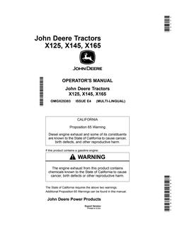 John Deere X125, X145, X165 Lawn tractor Operator Manual OMGX25383 — actual manual cover