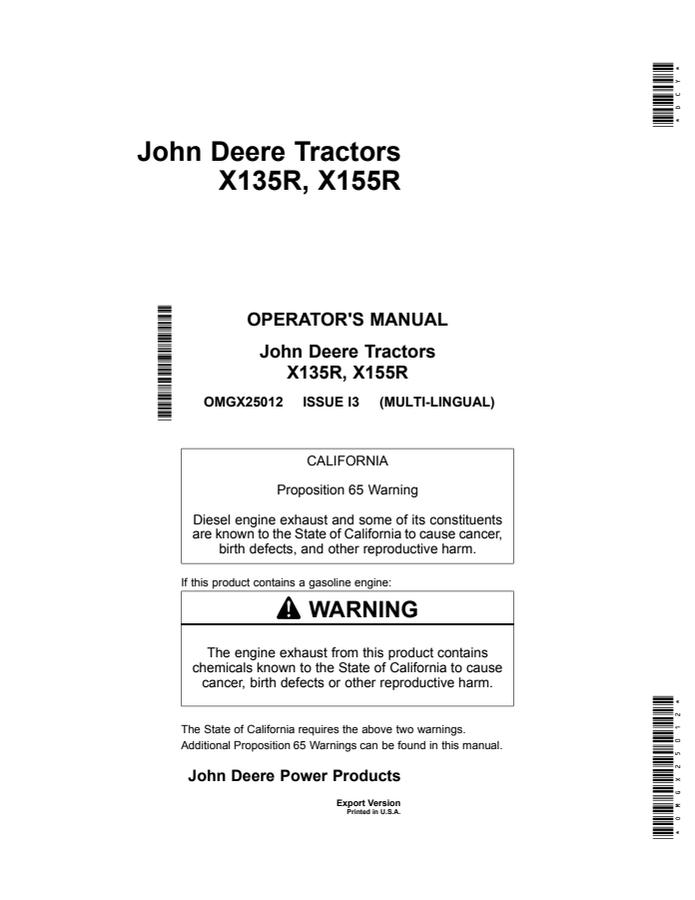 John Deere X135R, X155R Lawn tractor Operator Manual OMGX25012 — actual manual cover
