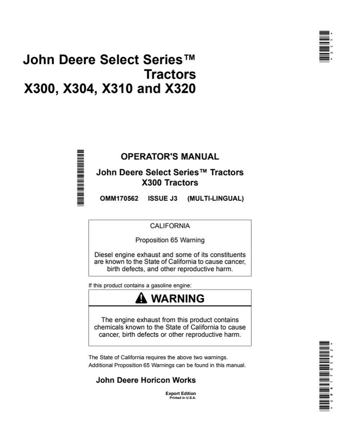 John Deere X300, X304, X310, X320 Lawn and Garden Tractor Operator Manual OMM170562 — actual manual cover