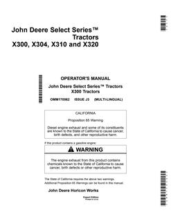 John Deere X300, X304, X310, X320 Lawn and Garden Tractor Operator Manual OMM170562 — actual manual cover