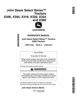 John Deere X300, X304, X310, X320, X324, X360 Lawn and Garden Tractor Operator Manual OMM173266 — actual manual cover