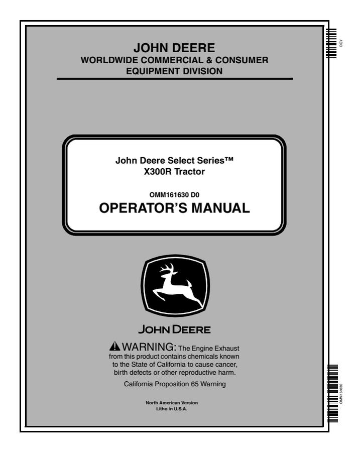 John Deere X300R Lawn and Garden Tractor Operator Manual OMM161630 — actual manual cover