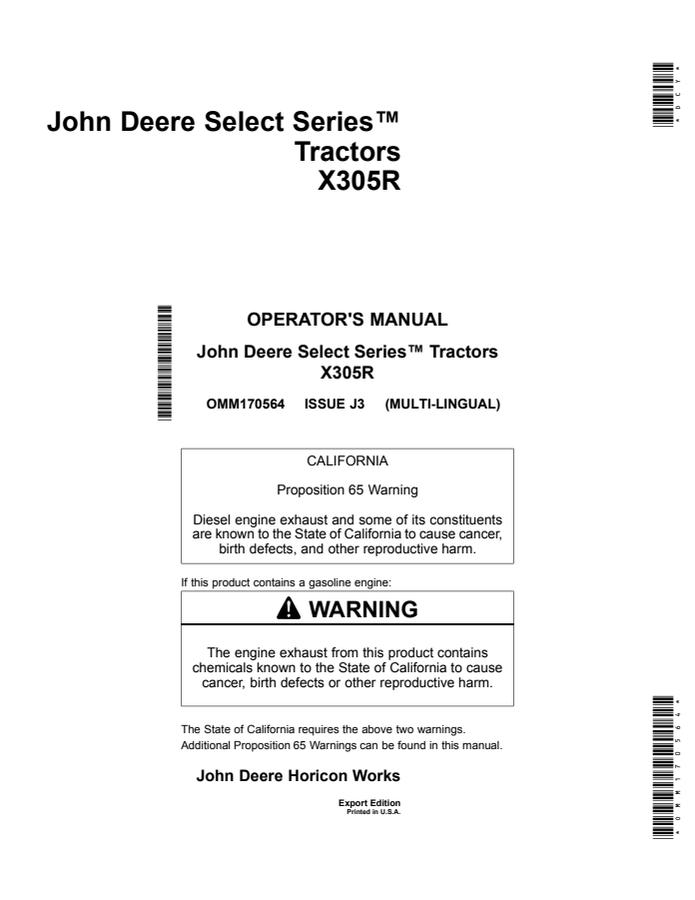 John Deere X305R Lawn and Garden Tractor Operator Manual OMM170564 — actual manual cover