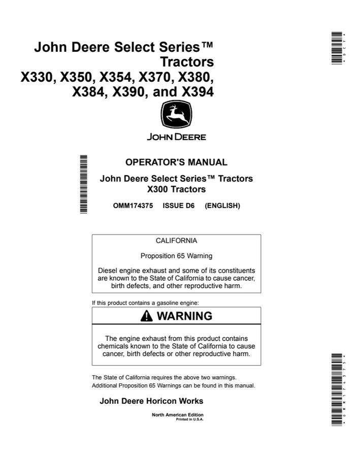John Deere X330, X350, X354, X370, X380, X384, X390, X394 Lawn and Garden Tractor Operator Manual OMM174375 — actual manual cover