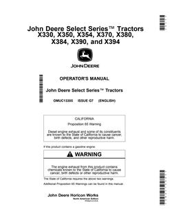 John Deere X330, X350, X354, X370, X380, X384, X390, X394 Lawn and Garden Tractor Operator Manual OMUC13305 — actual manual cover
