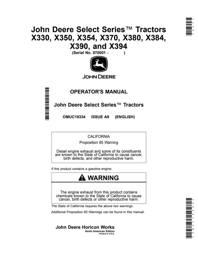John Deere X330, X350, X354, X370, X380, X384, X390, X394 Lawn and Garden Tractor Operator Manual OMUC19334 — actual manual cover