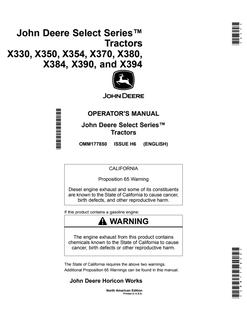 John Deere X330, X350, X354, X370, X380, X384, X390, X394 Tractor Operator's manual OMM177850 — actual manual cover