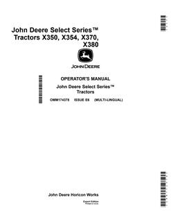 John Deere X350, X354, X370, X380 Lawn and Garden Tractor Operator Manual OMM174378 — actual manual cover