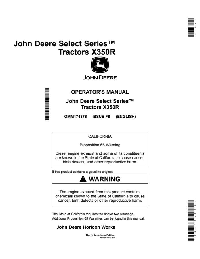 John Deere X350R Lawn and Garden Tractor Operator Manual OMM174376 — actual manual cover