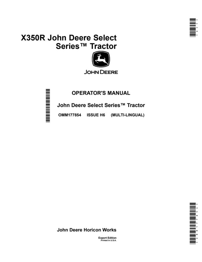 John Deere X350R Lawn and Garden Tractor Operator Manual OMM177854 — actual manual cover