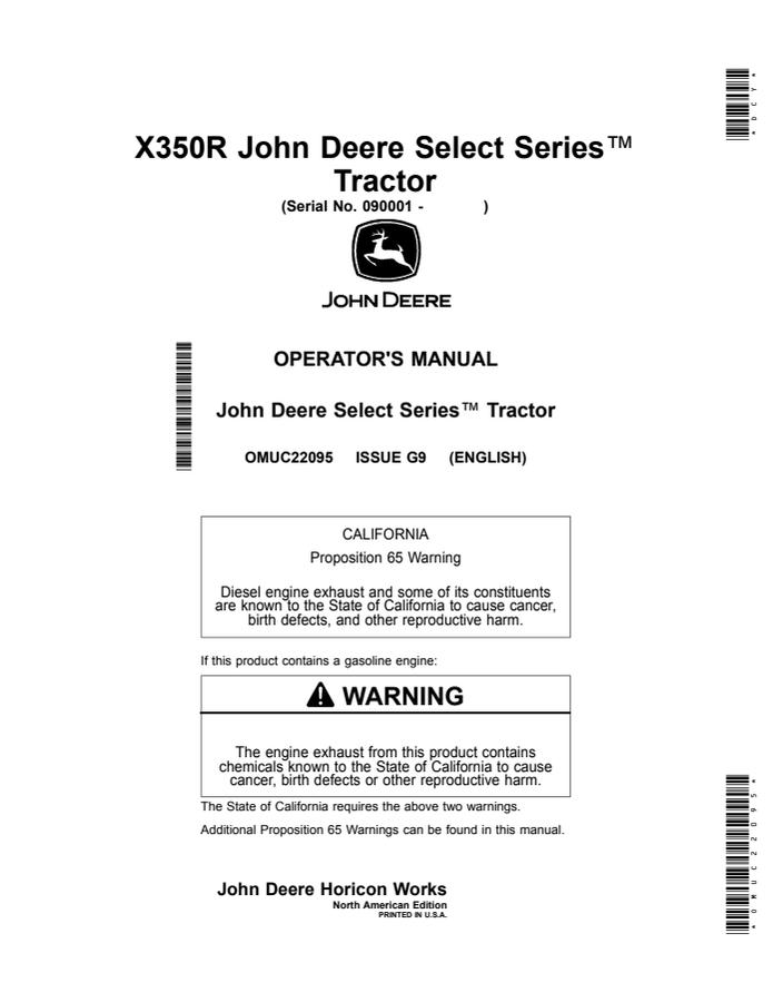 John Deere X350R Lawn and Garden Tractor Operator Manual OMUC22095 — actual manual cover