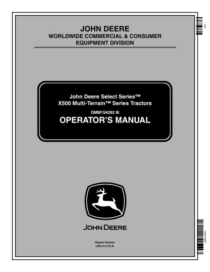 John Deere X500 Multi-Terrain Series Lawn and Garden Tractor Operator Manual OMM154292 — actual manual cover