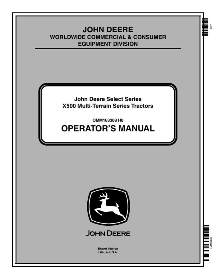 John Deere X500 Multi-Terrain Series Lawn and Garden Tractor Operator Manual OMM163308 — actual manual cover