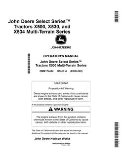 John Deere X500, X530, X534 Lawn and Garden Tractor Operator Manual OMM174454 — actual manual cover