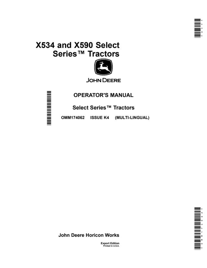 John Deere X534, X590 Lawn and Garden Tractor Operator Manual OMM174062 — actual manual cover