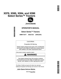 John Deere X570, X580, X584, X590 Lawn and Garden Tractor Operator Manual OMM174377 — actual manual cover