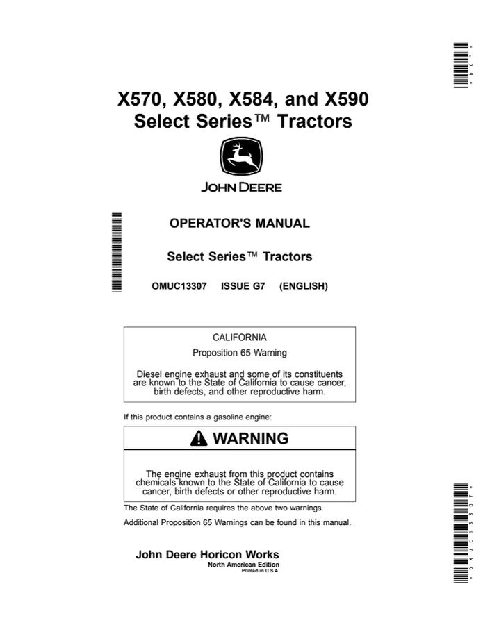 John Deere X570, X580, X584, X590 Lawn and garden tractor Operator manual OMUC13307 — actual manual cover