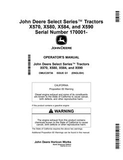 John Deere X570, X580, X584, X590 Lawn and Garden Tractor Operator Manual OMUC29736 — actual manual cover