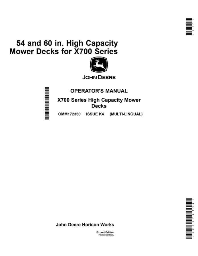 John Deere X700 Series; 54-inch; 60-inch Mower deck Operator manual OMM172350 — actual manual cover