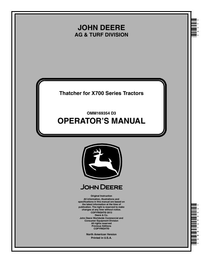 John Deere X700 Series Thatcher Operator Manual OMM169354 — actual manual cover