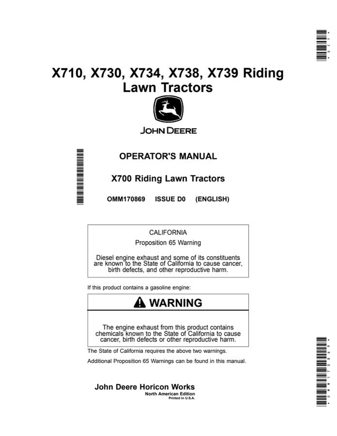 John Deere X710, X730, X734, X738, X739 Lawn and Garden Tractor Operator Manual OMM170869 — actual manual cover