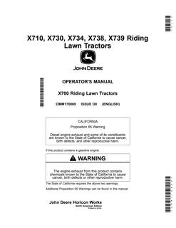 John Deere X710, X730, X734, X738, X739 Lawn and Garden Tractor Operator Manual OMM170869 — actual manual cover