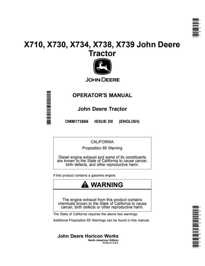 John Deere X710, X730, X734, X738, X739 Lawn and Garden Tractor Operator Manual OMM172666 — actual manual cover