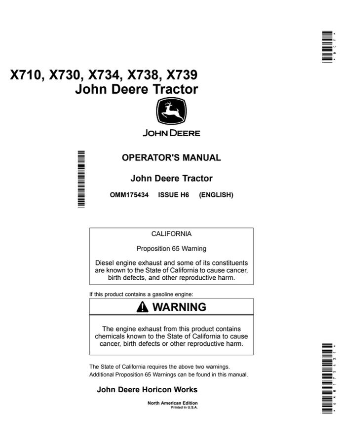 John Deere X710, X730, X734, X738, X739 Lawn and Garden Tractor Operator Manual OMM175434 — actual manual cover