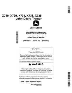 John Deere X710, X730, X734, X738, X739 Lawn and Garden Tractor Operator Manual OMM175434 — actual manual cover