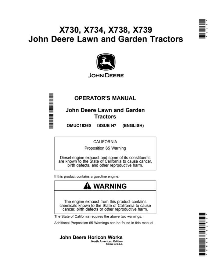 John Deere X730, X734, X738, X739 Lawn and Garden Tractor Operator Manual OMUC16260 — actual manual cover