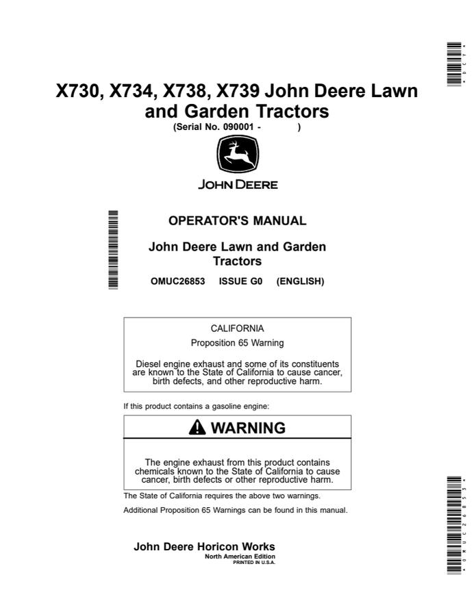 John Deere X730, X734, X738, X739 Lawn and Garden Tractor Operator Manual OMUC26853 — actual manual cover