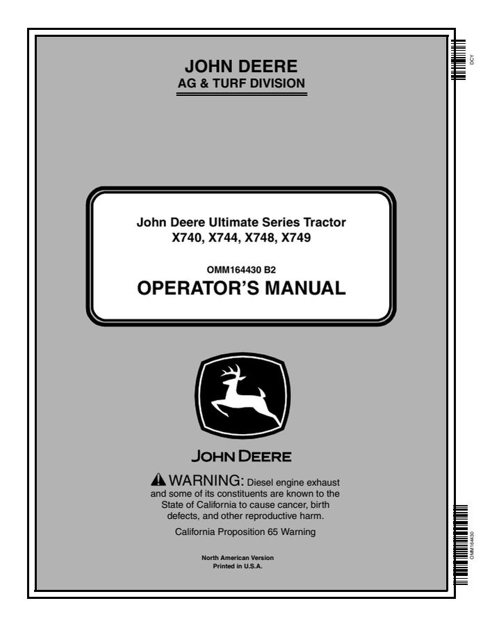 John Deere X740, X744, X748, X749 Lawn and Garden Tractor Operator Manual OMM164430 — actual manual cover