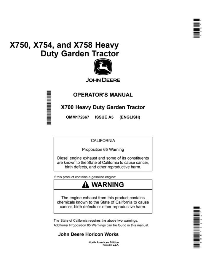 John Deere X750, X754, X758 Garden Tractor Operator Manual OMM172667 — actual manual cover