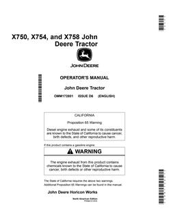 John Deere X750, X754, X758 Lawn and garden tractor Operator manual OMM172801 — actual manual cover