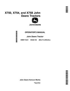 John Deere X750, X754, X758 Lawn and Garden Tractor Operator Manual OMM174241 — actual manual cover
