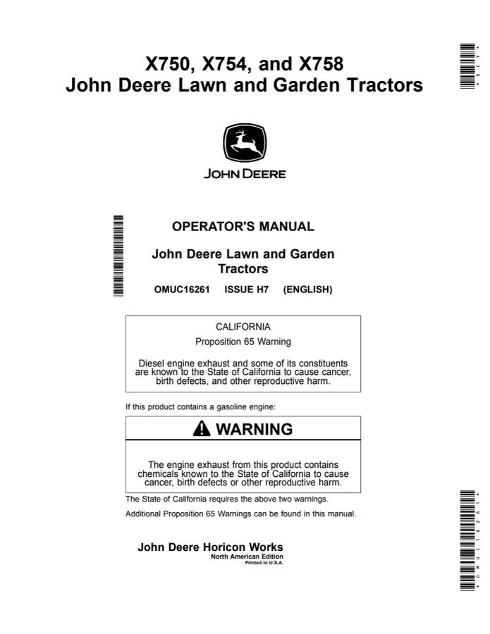 John Deere X750, X754, X758 Lawn and Garden Tractor Operator Manual OMUC16261 — actual manual cover