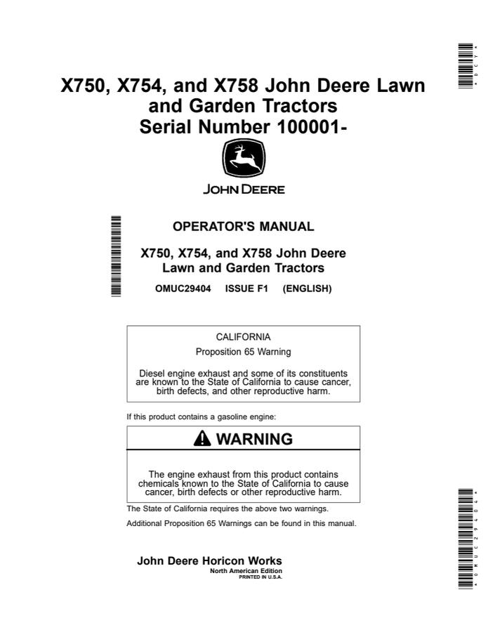 John Deere X750, X754, X758 Lawn and garden tractor Operator manual OMUC29404 — actual manual cover