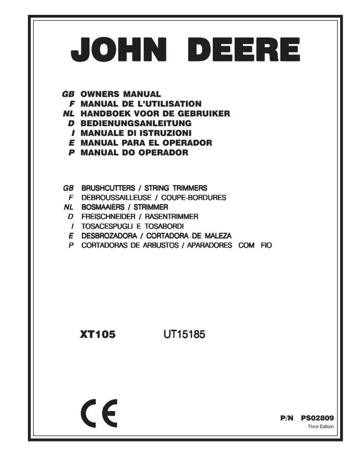 John Deere XT105 - UT15185 Brushcutter Owner Manual PS02809 — actual manual cover