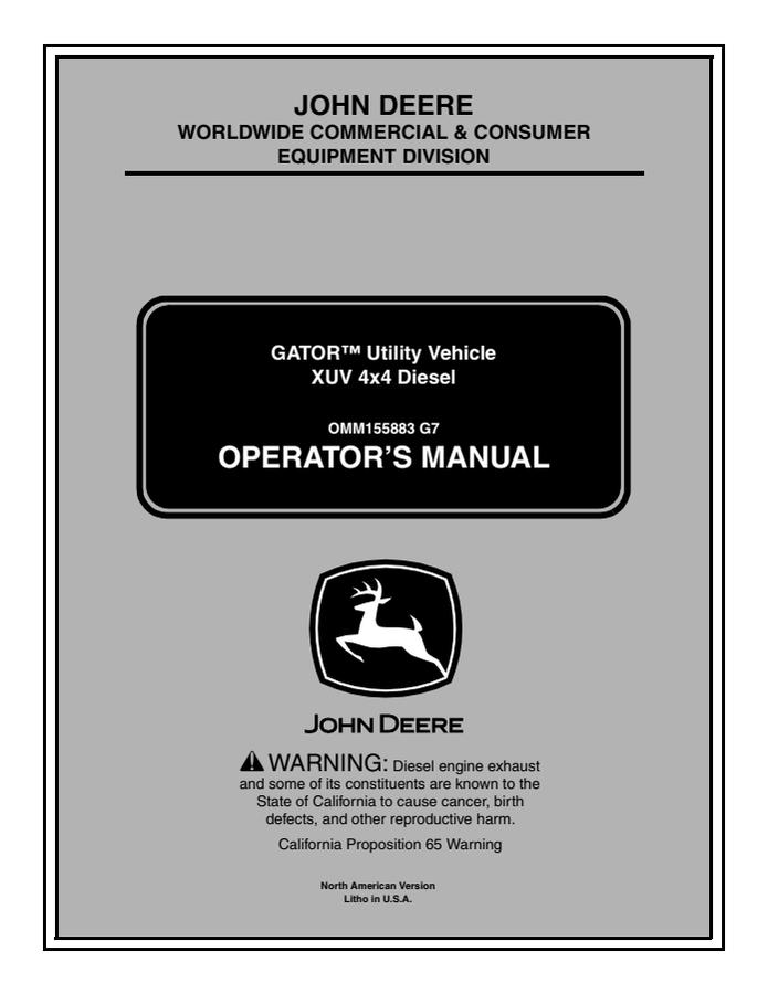 John Deere XUV 4x4 Diesel Utility Vehicle Operator Manual OMM155883 — actual manual cover