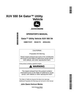 John Deere XUV 550 S4 Utility Vehicle Operator's Manual OMM175197 — actual manual cover