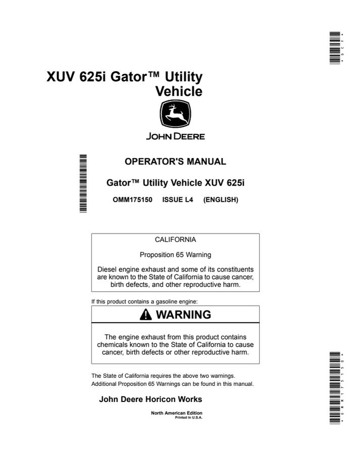 John Deere XUV 625i Utility Vehicle Operator Manual OMM175150 — actual manual cover