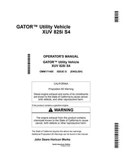 John Deere XUV 825i S4 Utility Vehicle Operator's Manual OMM171400 — actual manual cover